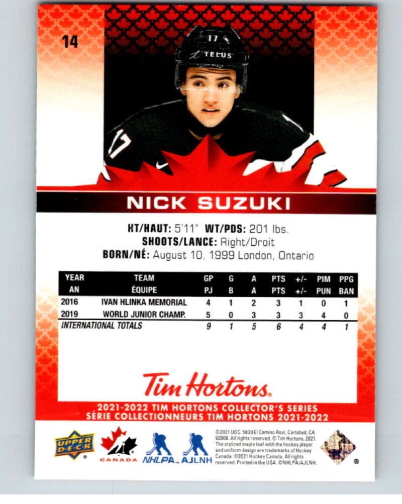 2021-22 Upper Deck Tim Hortons Team Canada  #14 Nick Suzuki    V52547 Image 2