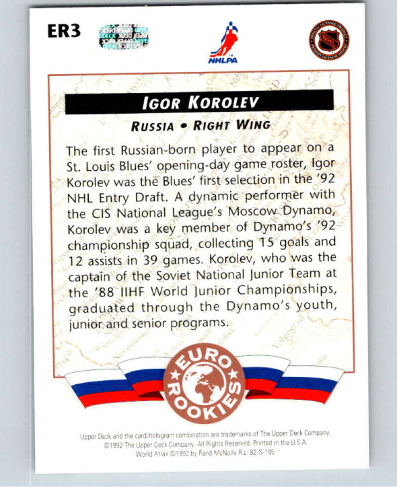 1992-93 Upper Deck Euro-Rookies #ER3 Igor Korolev  St. Louis Blues  V54436 Image 2