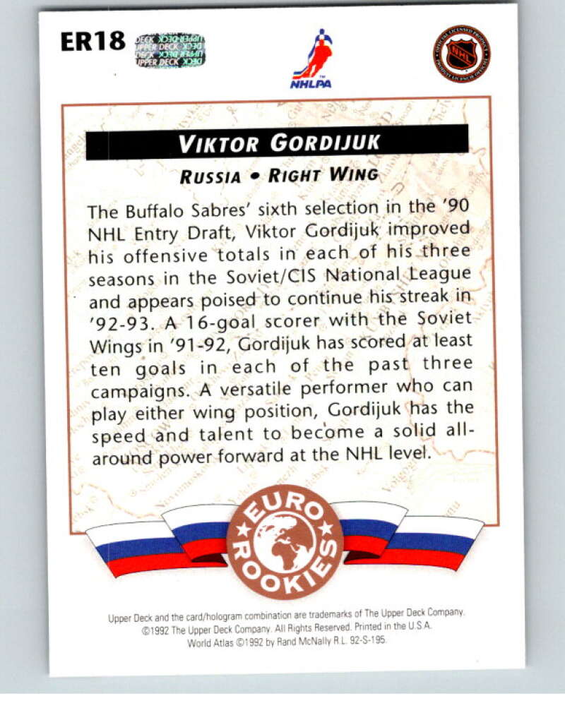 1992-93 Upper Deck Euro-Rookies #ER18 Victor Gordijuk  Buffalo Sabres  V54454 Image 2