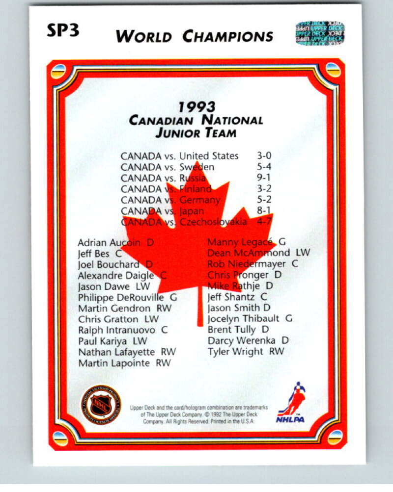 1992-93 Upper Deck #SP3 Gratton/Pronger/Kariya Gold  V54463 Image 2