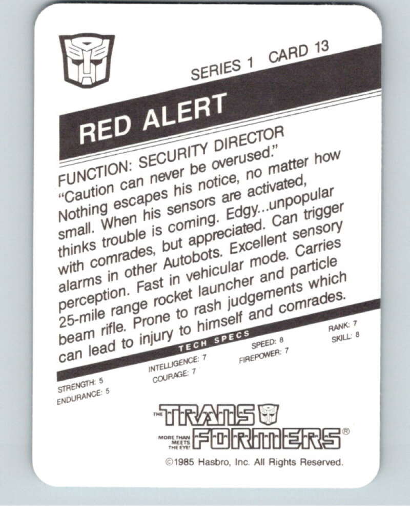 1985 Hasbro Transformers #13B Red Alert   V54736 Image 2