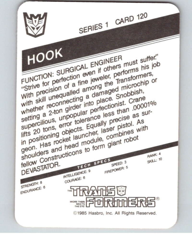 1985 Hasbro Transformers #120A Hook   V54764 Image 2