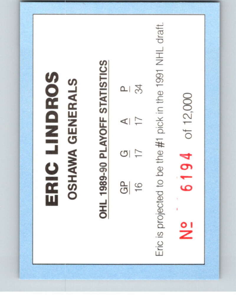 1990-91 Oshawa Generals Playoff Limited Card Eric Lindros 6194/12000 -  V54978 Image 2