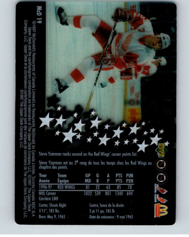 1997-98 McDonald's Upper Deck #19 Steve Yzerman  Detroit Red Wings  V55037 Image 2