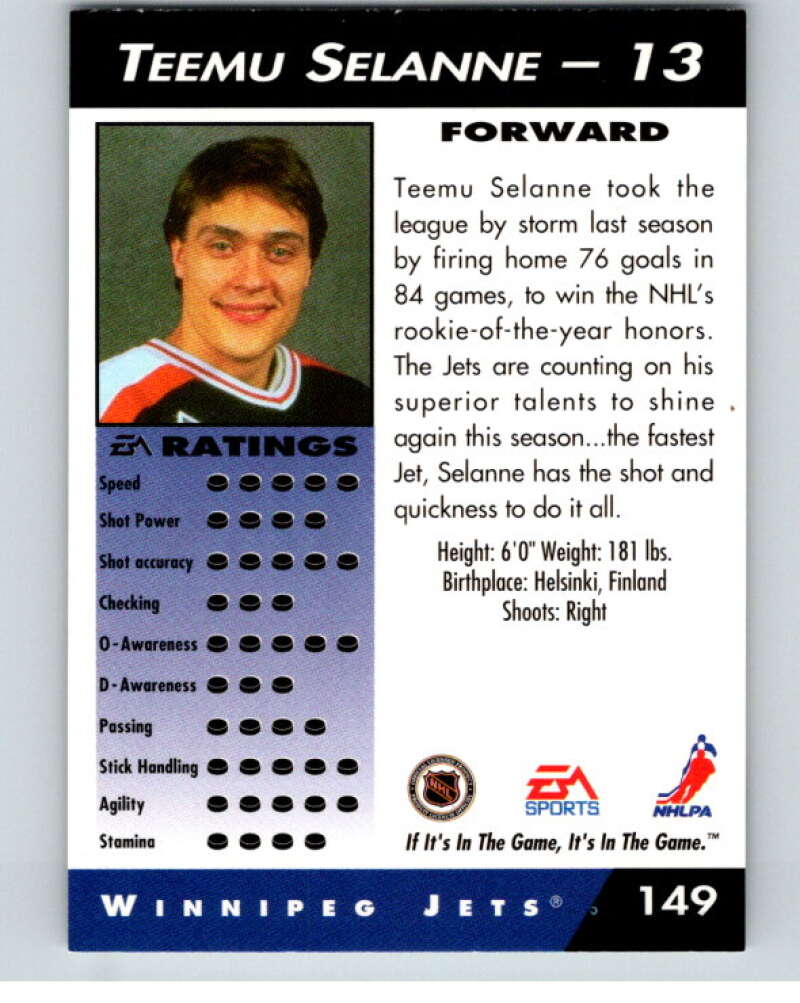1994 EA Sports Hockey NHLPA '94 #149 Teemu Selanne  V55251 Image 2