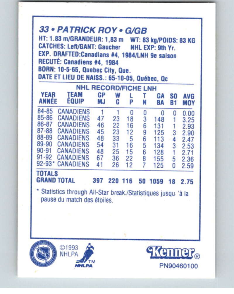 1993 Kenner Starting Lineup Cards #11 Patrick Roy  Image 2