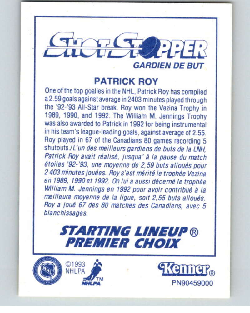 1993 Kenner Starting Lineup Cards Patrick Roy Shot Stopper  Image 2