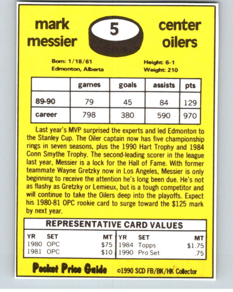 1991 SCD Pocket Price Guide #5 Mark Messier  Image 2