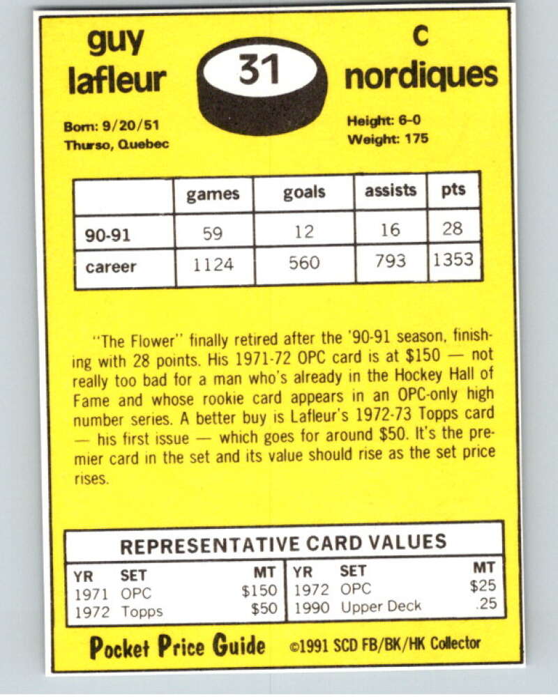 1991 SCD Pocket Price Guide #31 Guy Lafleur  Image 2