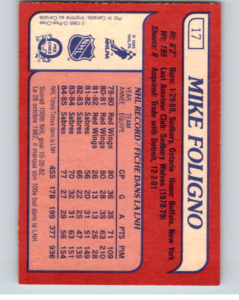 1985-86 O-Pee-Chee #17 Mike Foligno  Buffalo Sabres  V56360 Image 2