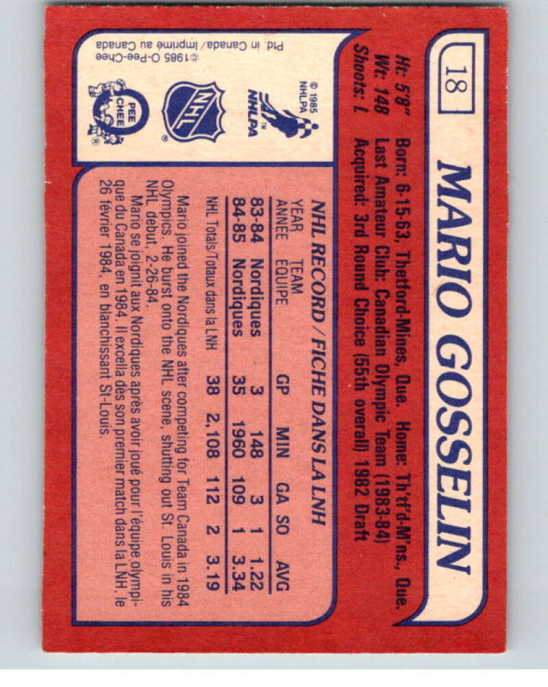 1985-86 O-Pee-Chee #18 Mario Gosselin RC Rookie Nordiques  V56361 Image 2