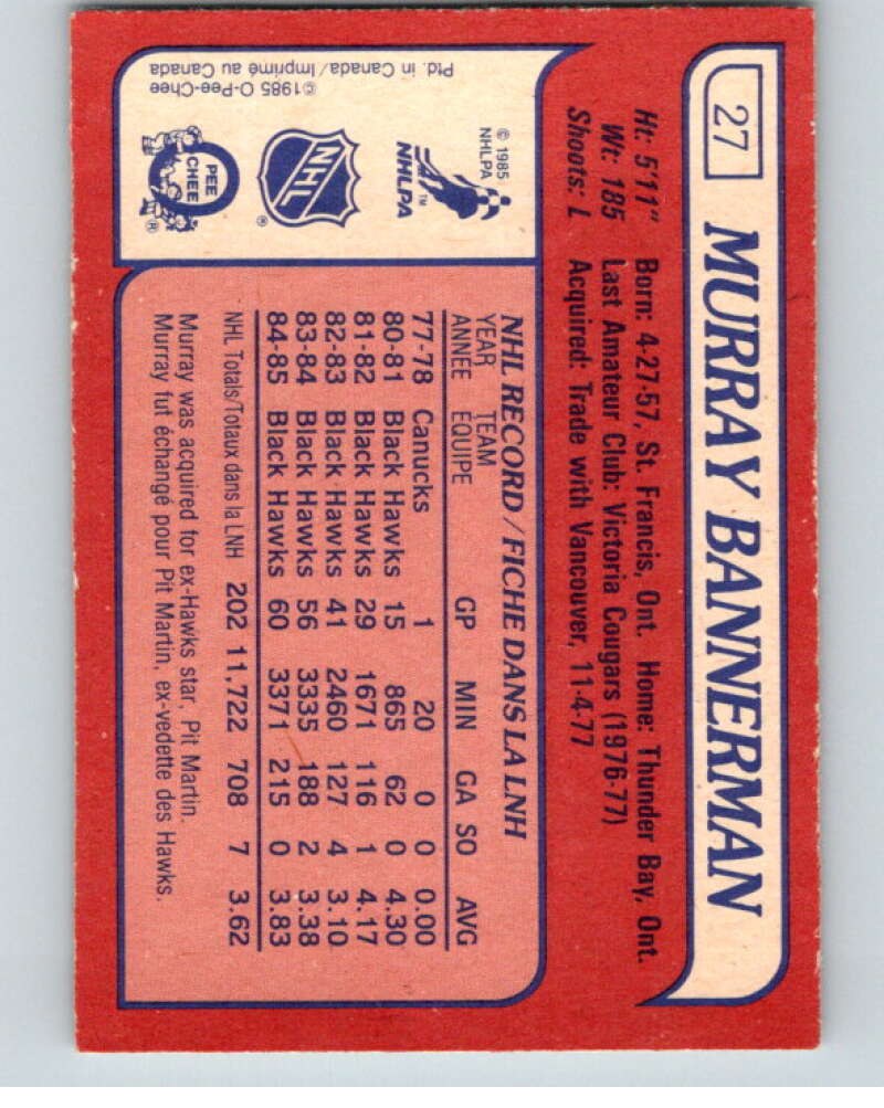 1985-86 O-Pee-Chee #27 Murray Bannerman  Chicago Blackhawks  V56392 Image 2