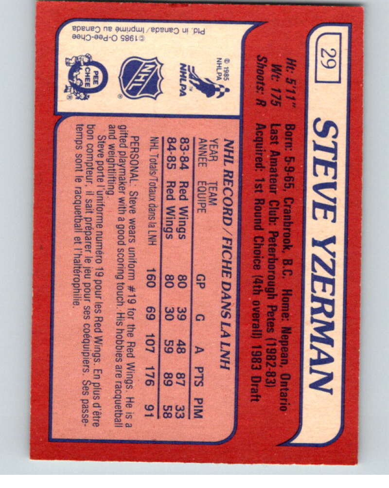 1985-86 O-Pee-Chee #29 Steve Yzerman  Detroit Red Wings  V56395 Image 2