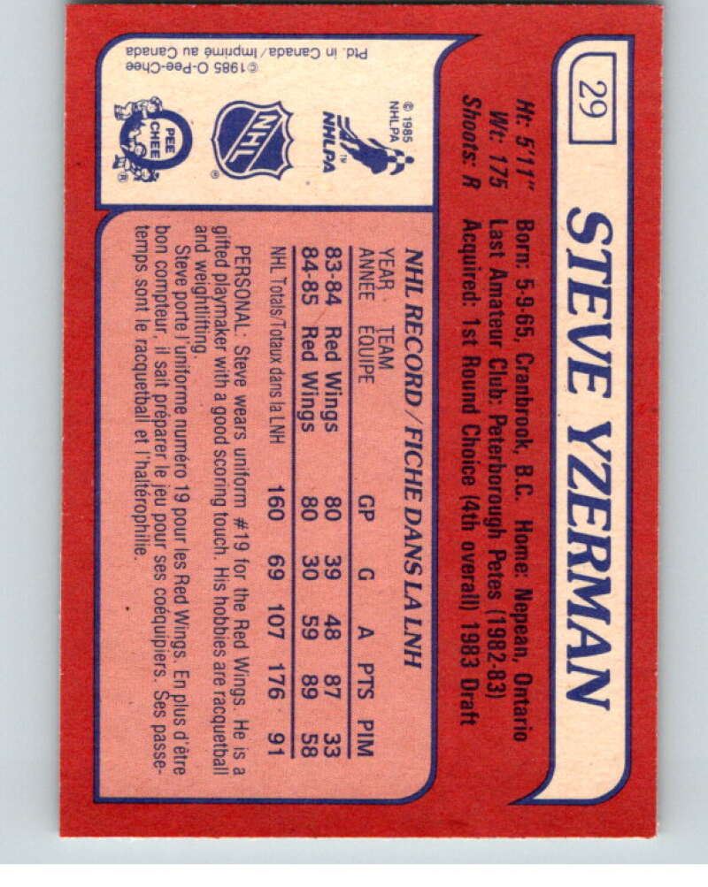 1985-86 O-Pee-Chee #29 Steve Yzerman  Detroit Red Wings  V56396 Image 2
