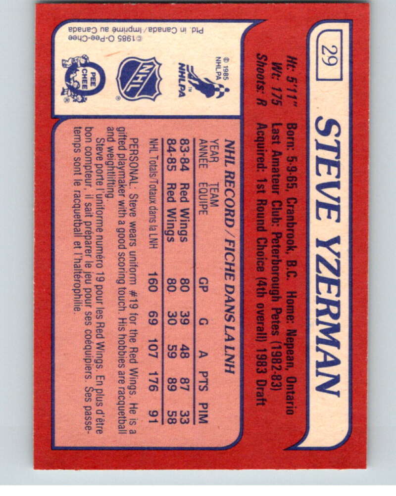 1985-86 O-Pee-Chee #29 Steve Yzerman  Detroit Red Wings  V56397 Image 2