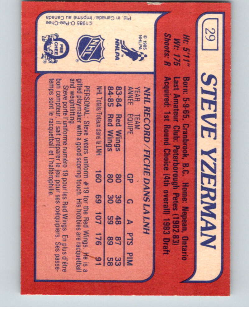1985-86 O-Pee-Chee #29 Steve Yzerman  Detroit Red Wings  V56398 Image 2