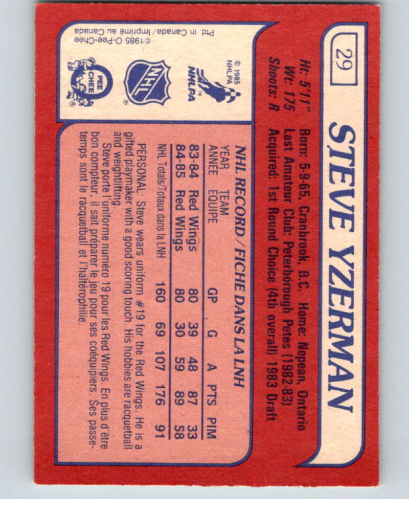 1985-86 O-Pee-Chee #29 Steve Yzerman  Detroit Red Wings  V56399 Image 2