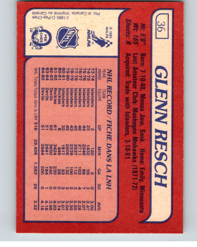 1985-86 O-Pee-Chee #36 Glenn Resch  New Jersey Devils  V56414 Image 2