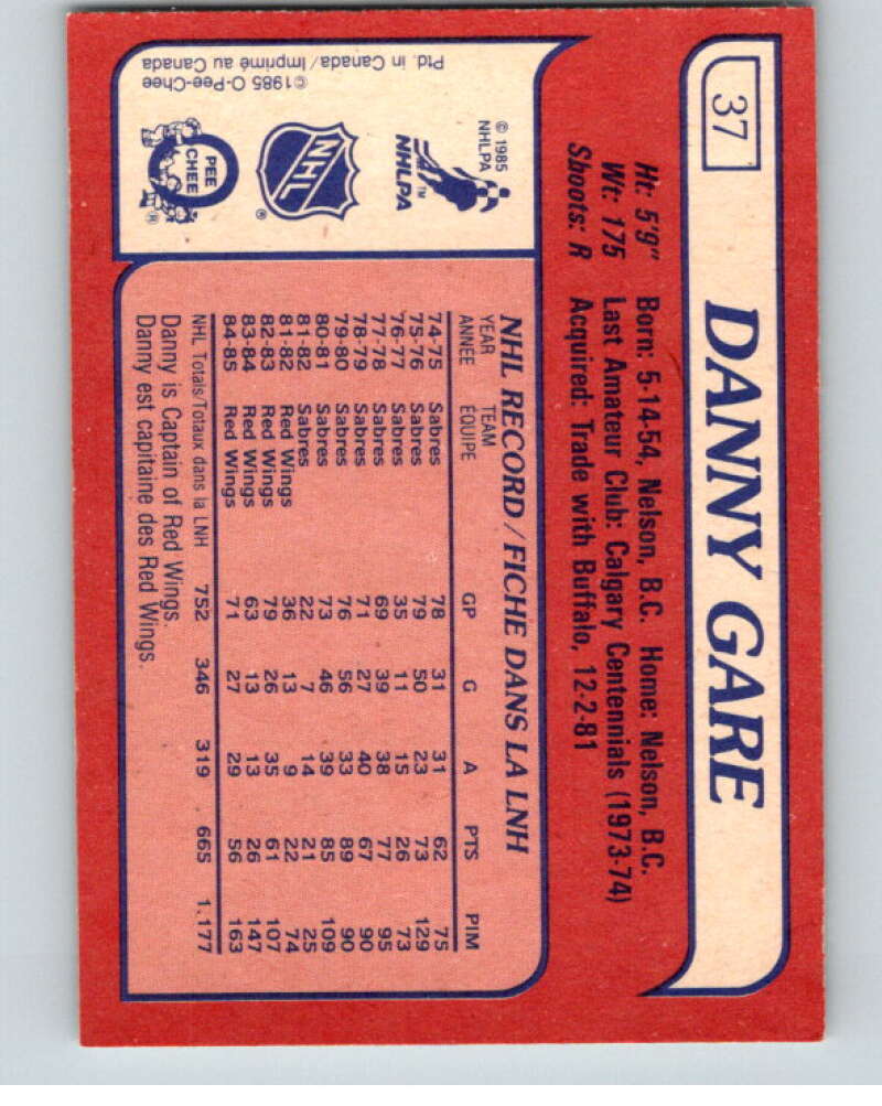 1985-86 O-Pee-Chee #37 Danny Gare  Detroit Red Wings  V56418 Image 2