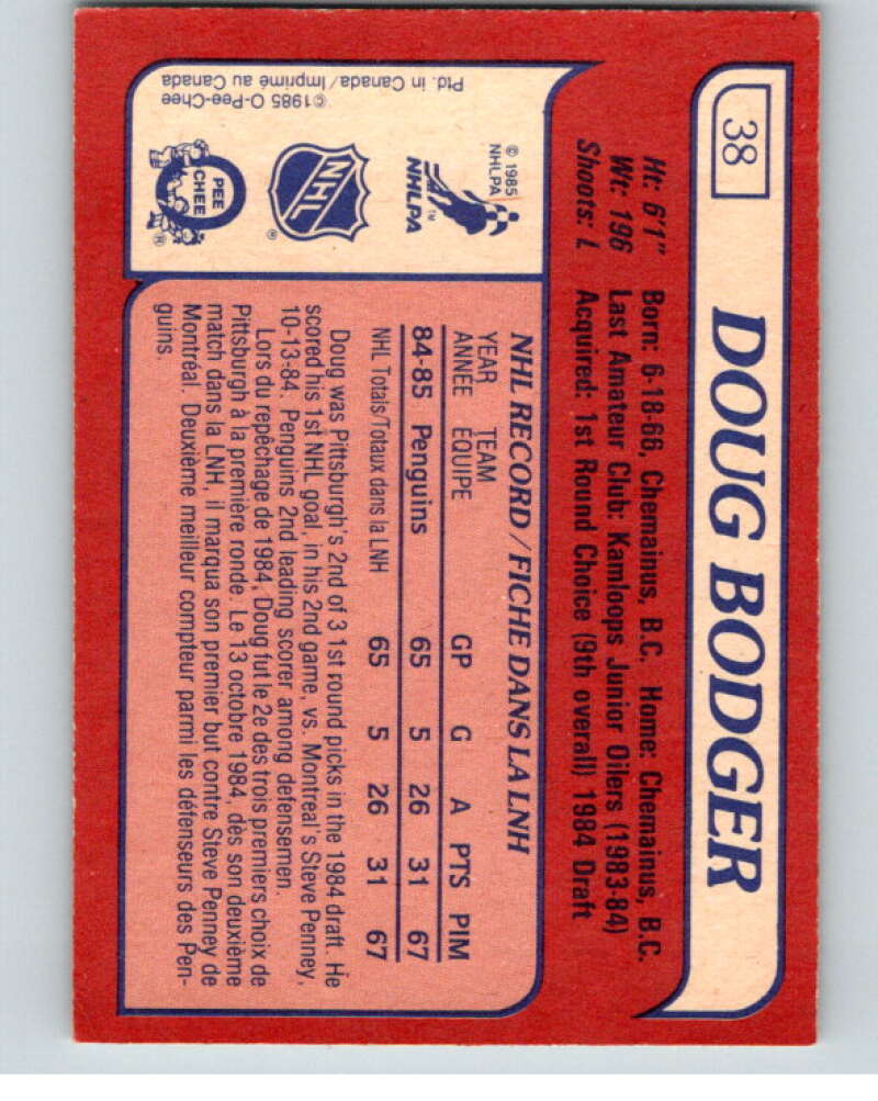 1985-86 O-Pee-Chee #38 Doug Bodger  RC Rookie Pittsburgh Penguins  V56420 Image 2