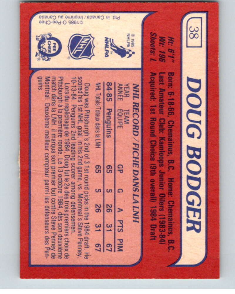 1985-86 O-Pee-Chee #38 Doug Bodger  RC Rookie Pittsburgh Penguins  V56421 Image 2