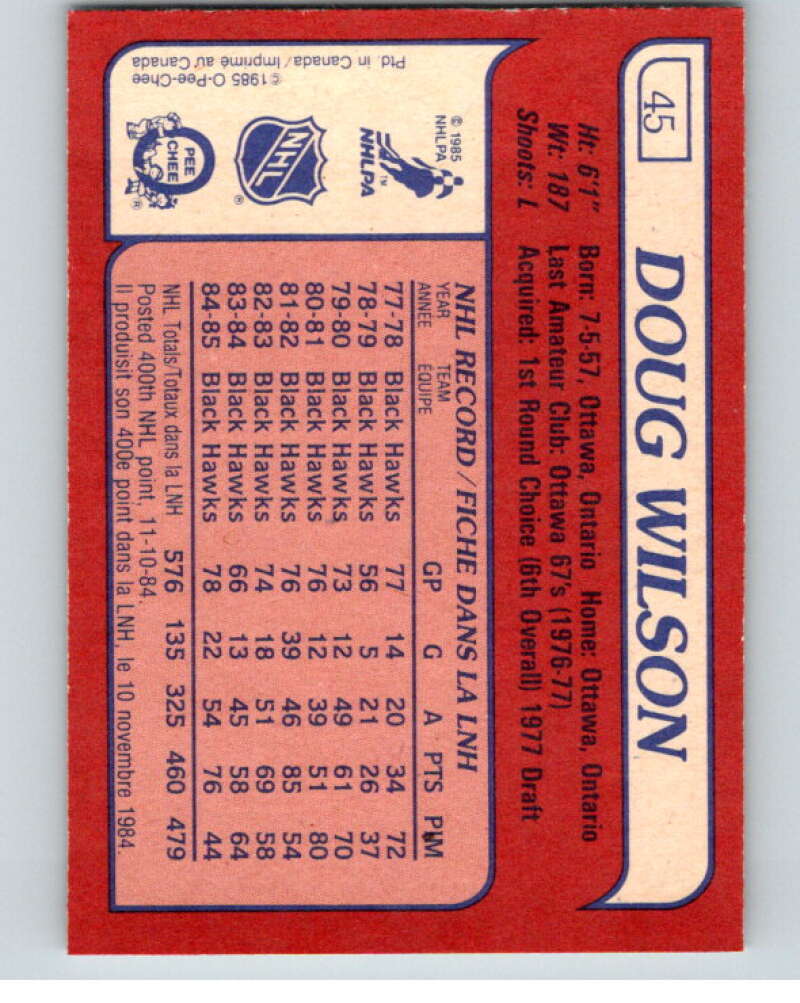 1985-86 O-Pee-Chee #45 Doug Wilson  Chicago Blackhawks  V56435 Image 2