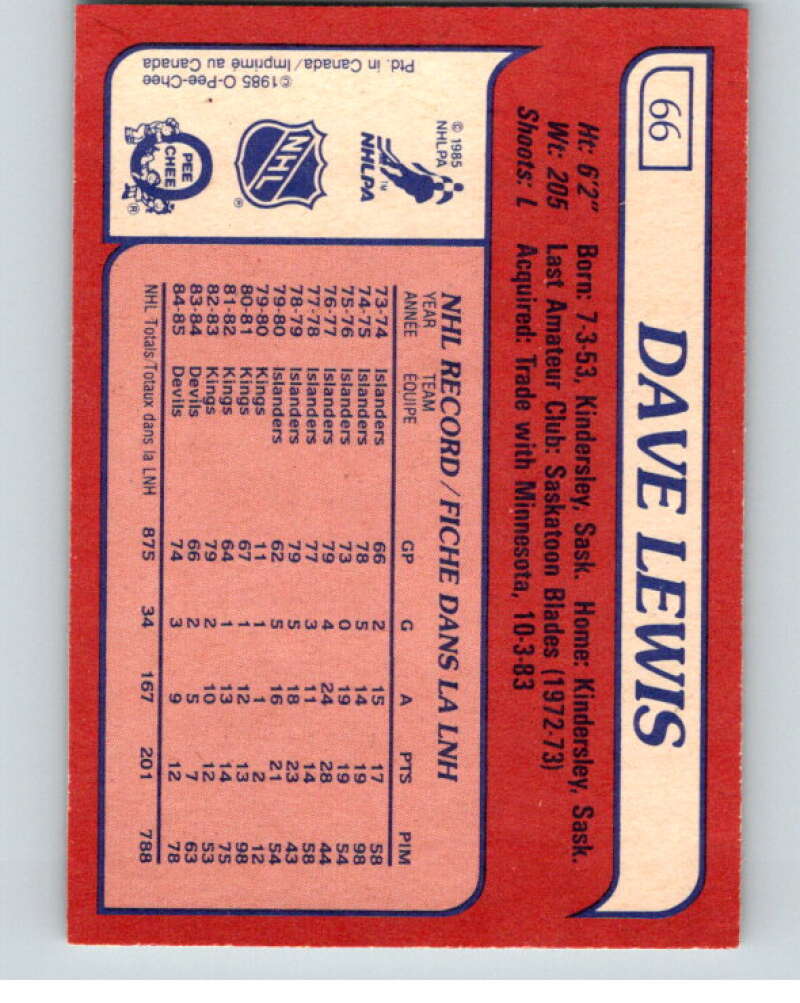1985-86 O-Pee-Chee #66 Dave Lewis  New Jersey Devils  V56477 Image 2