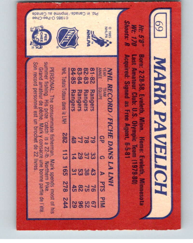 1985-86 O-Pee-Chee #69 Mark Pavelich  New York Rangers  V56481 Image 2