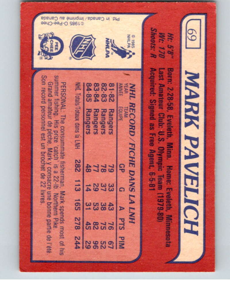 1985-86 O-Pee-Chee #69 Mark Pavelich  New York Rangers  V56483 Image 2
