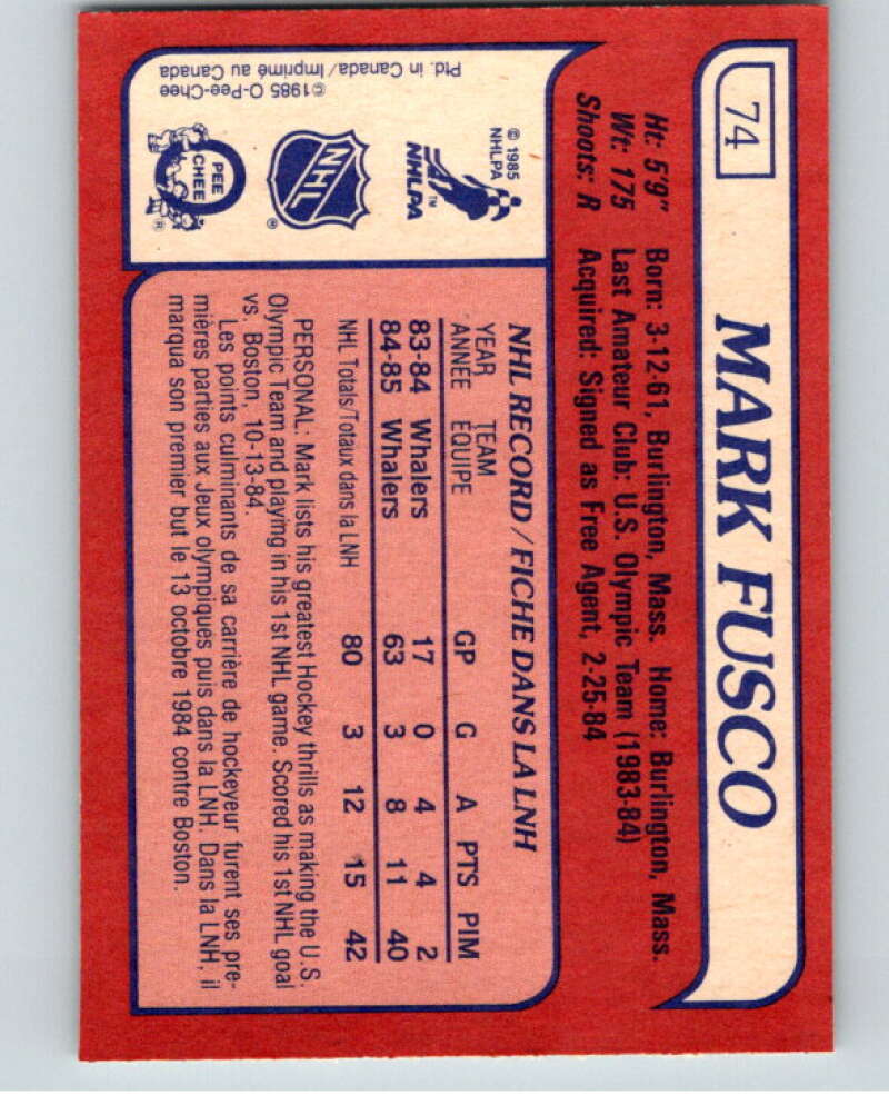 1985-86 O-Pee-Chee #74 Mark Fusco  RC Rookie Hartford Whalers  V56493 Image 2