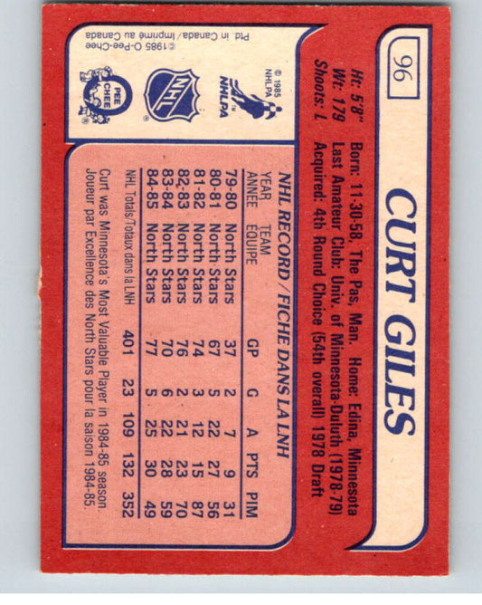 1985-86 O-Pee-Chee #96 Curt Giles  Minnesota North Stars  V56549 Image 2