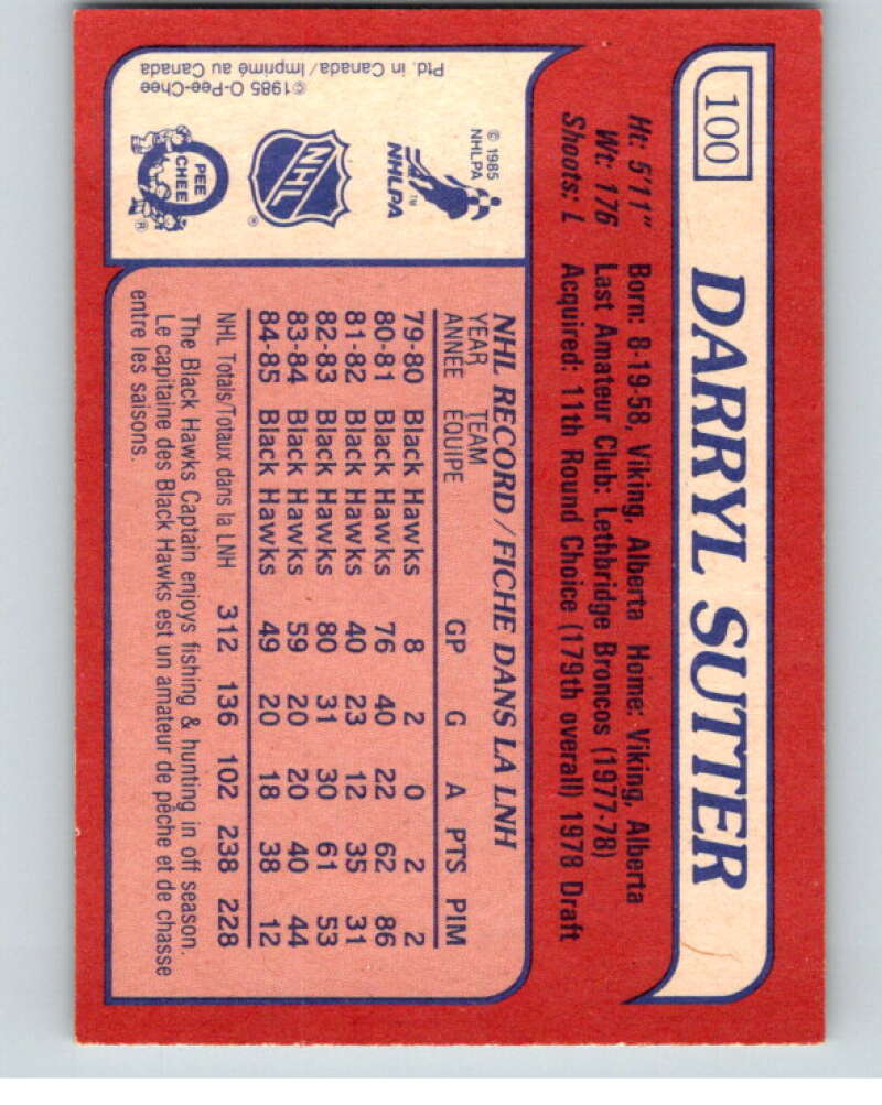1985-86 O-Pee-Chee #100 Darryl Sutter  Chicago Blackhawks  V56557 Image 2