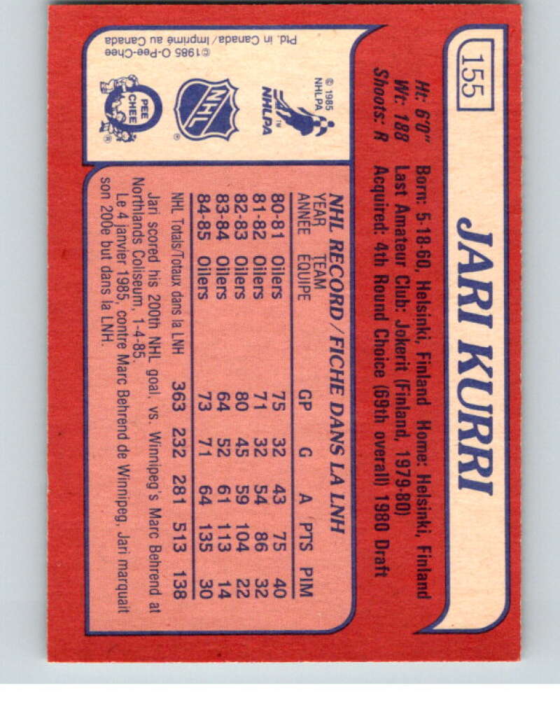 1985-86 O-Pee-Chee #155 Jari Kurri  Edmonton Oilers  V56698 Image 2