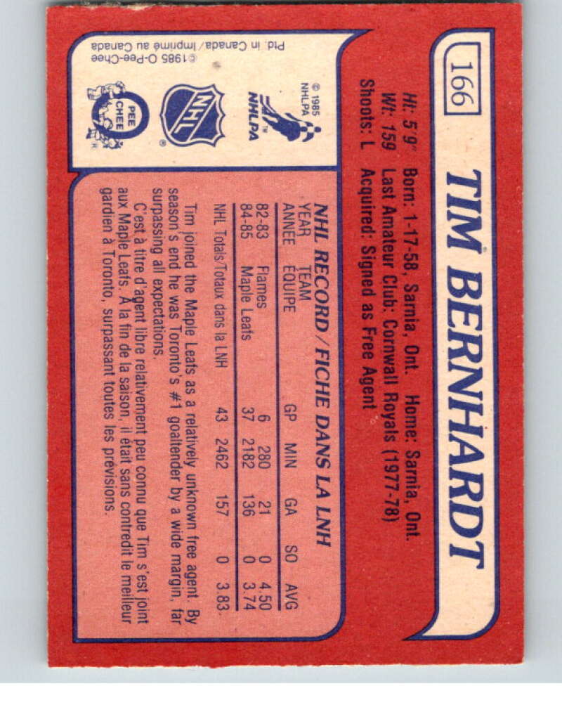 1985-86 O-Pee-Chee #166 Tim Bernhardt RC Rookie Maple Leafs  V56726 Image 2