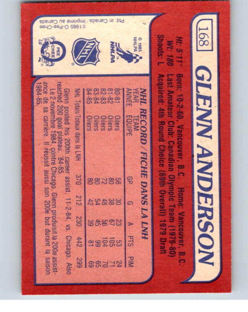 1985-86 O-Pee-Chee #168 Glenn Anderson  Edmonton Oilers  V56730 Image 2