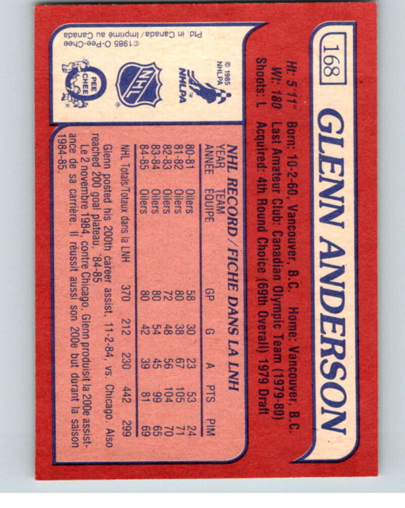 1985-86 O-Pee-Chee #168 Glenn Anderson  Edmonton Oilers  V56731 Image 2