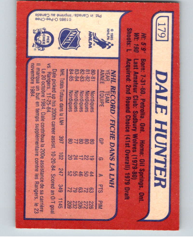 1985-86 O-Pee-Chee #179 Dale Hunter  Quebec Nordiques  V56756 Image 2