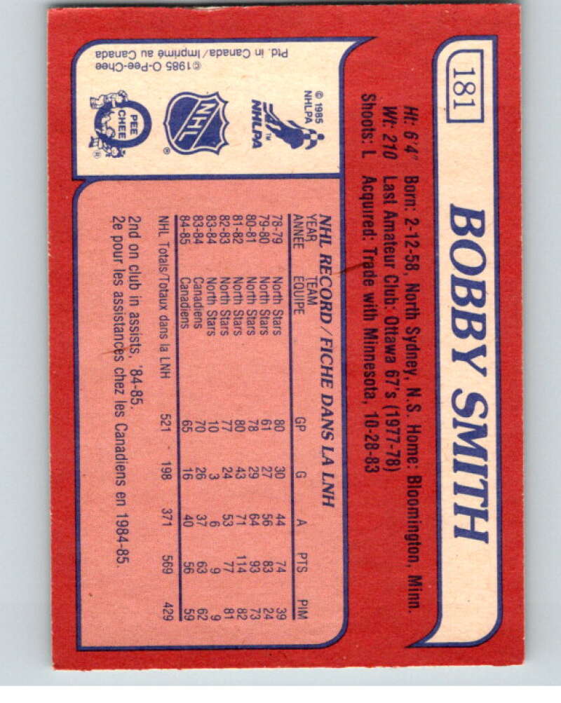 1985-86 O-Pee-Chee #181 Bobby Smith  Montreal Canadiens  V56763 Image 2