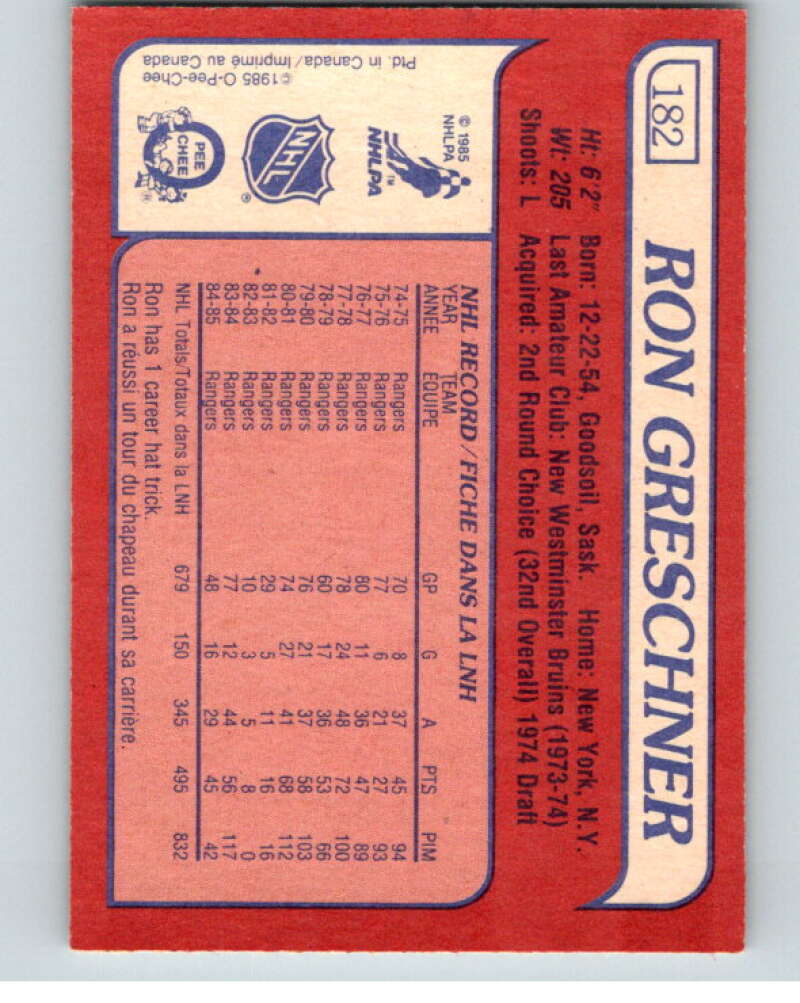1985-86 O-Pee-Chee #182 Ron Greschner  New York Rangers  V56765 Image 2