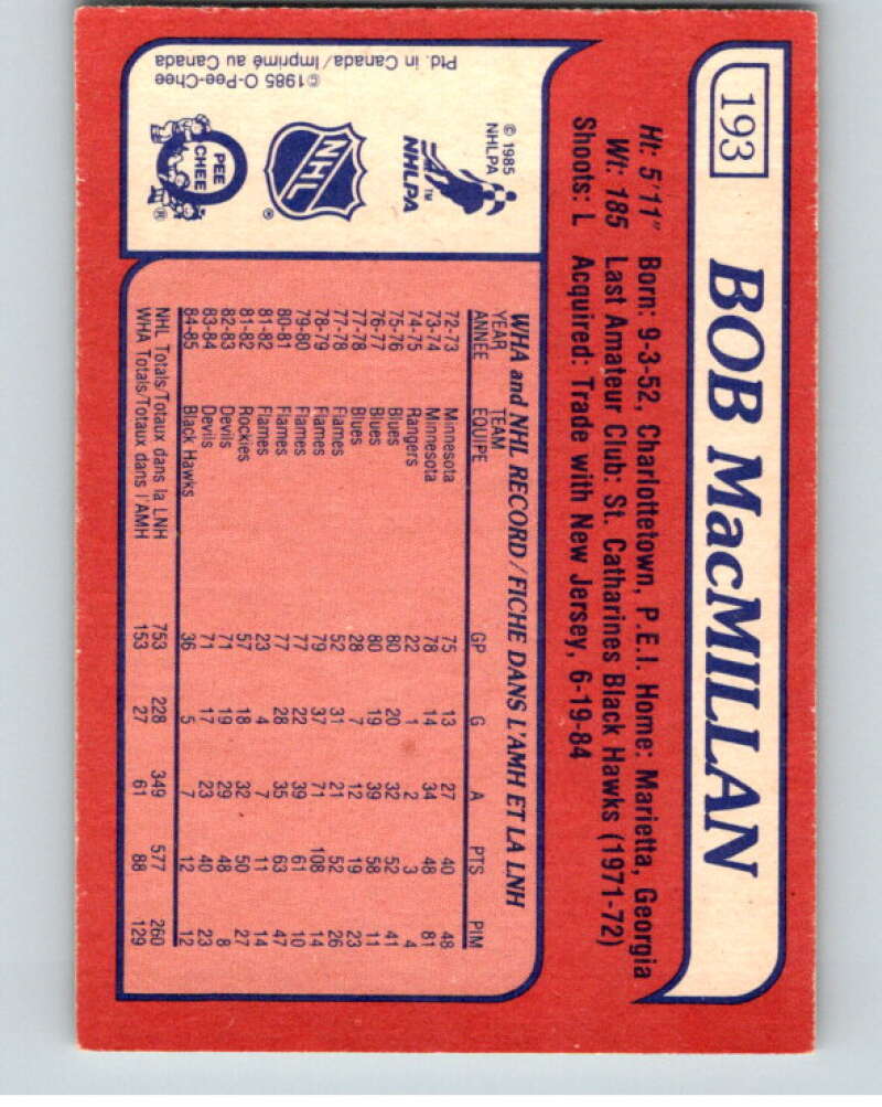 1985-86 O-Pee-Chee #193 Bob MacMillan  Chicago Blackhawks  V56788 Image 2