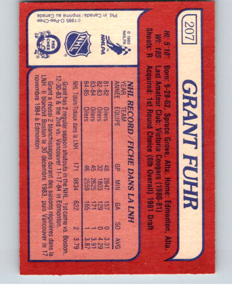 1985-86 O-Pee-Chee #207 Grant Fuhr  Edmonton Oilers  V56819 Image 2