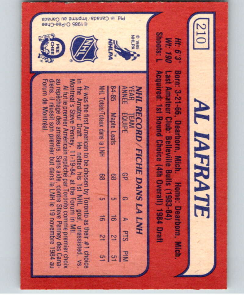 1985-86 O-Pee-Chee #210 Al Iafrate RC Rookie Maple Leafs  V56823 Image 2