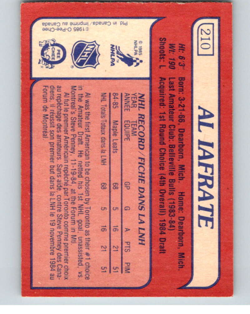 1985-86 O-Pee-Chee #210 Al Iafrate RC Rookie Maple Leafs  V56824 Image 2