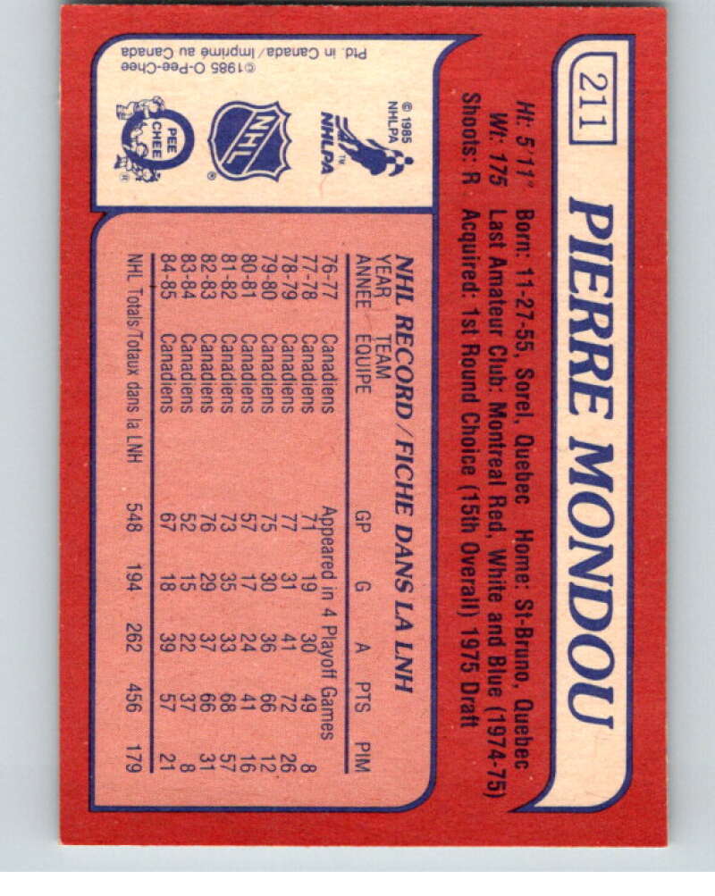 1985-86 O-Pee-Chee #211 Pierre Mondou  Montreal Canadiens  V56825 Image 2