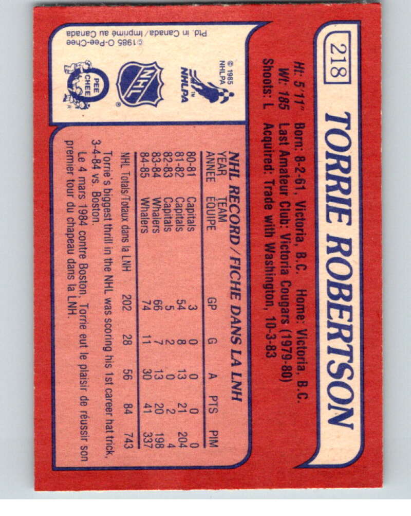 1985-86 O-Pee-Chee #218 Torrie Robertson RC Rookie Whalers  V56840 Image 2