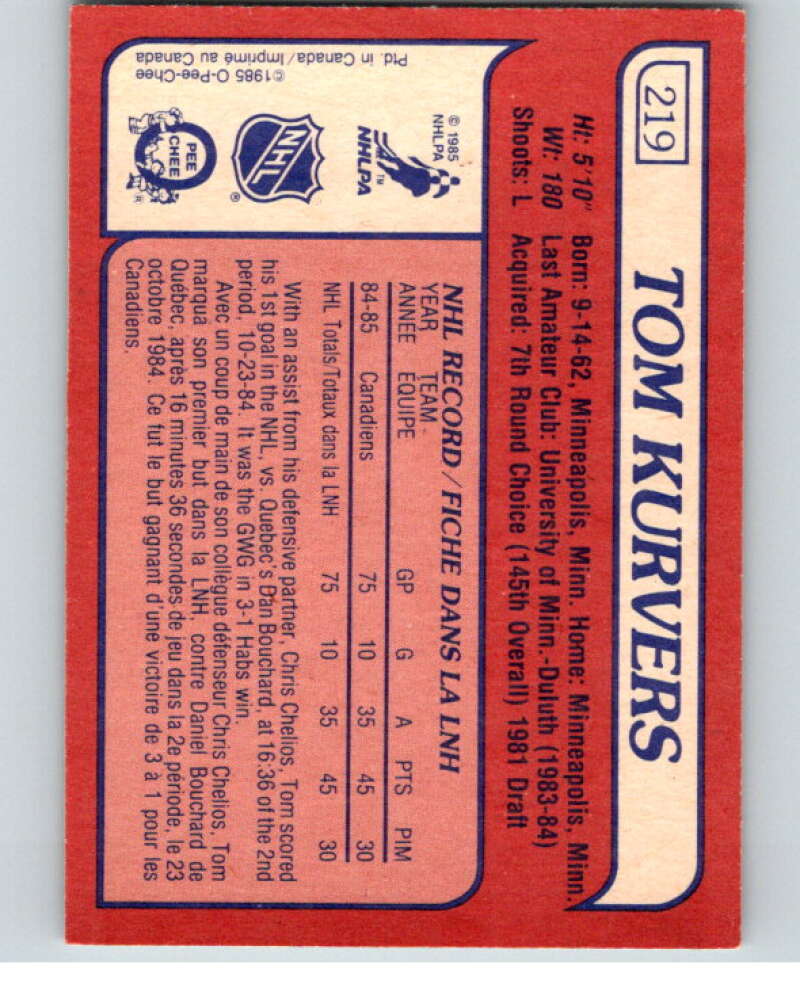1985-86 O-Pee-Chee #219 Tom Kurvers RC Rookie Canadiens  V56843 Image 2