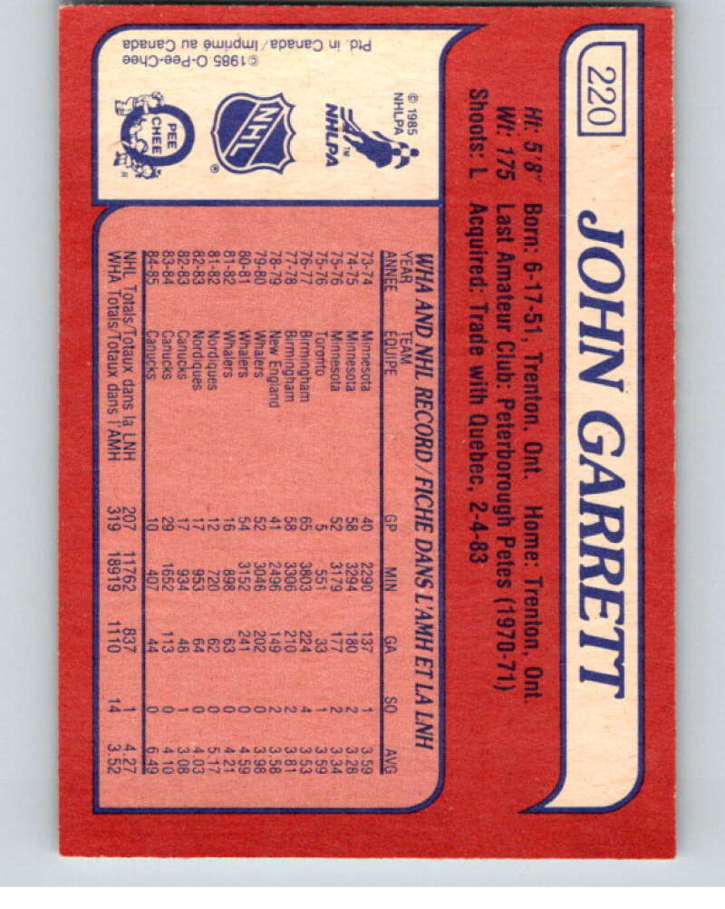 1985-86 O-Pee-Chee #220 John Garrett  Vancouver Canucks  V56845 Image 2