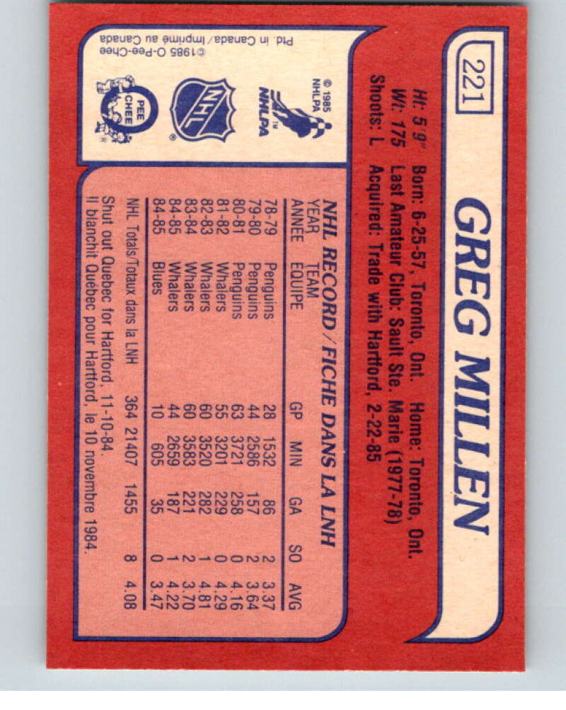 1985-86 O-Pee-Chee #221 Greg Millen  St. Louis Blues  V56847 Image 2