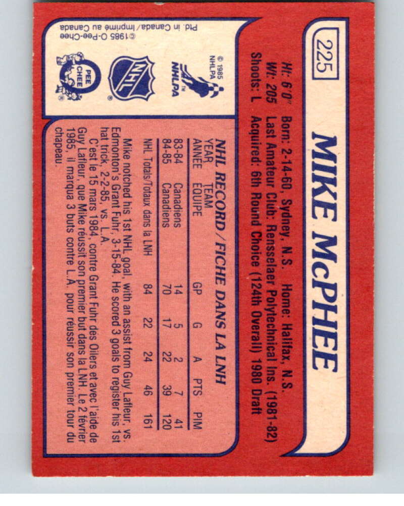 1985-86 O-Pee-Chee #225 Mike McPhee RC Rookie Canadiens  V56862 Image 2