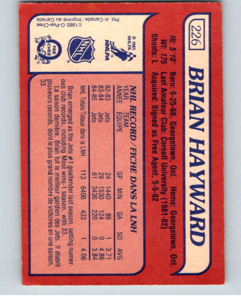 1985-86 O-Pee-Chee #226 Brian Hayward  RC Rookie Winnipeg Jets  V56863 Image 2